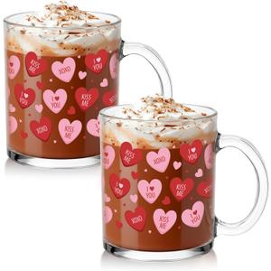 Willinglong 2 Pack Valentine Glass Cups Heart Coffee Mugs Valentines Gifts 12 oz Pink Red Heart Coffee Cup with Handle Bulk Sweet Drinking Mugs for Valentines Wedding Party Drinkware Love Gifts