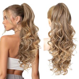 REECHO Ponytail Extension, 24" Claw Clip in Long Curly Wavy Ponytail Hair Extension Jaw Clip on Pony Tails Hairpiece for Women - Dark Brown to Blonde, Medium Blonde with Blonde Highlights