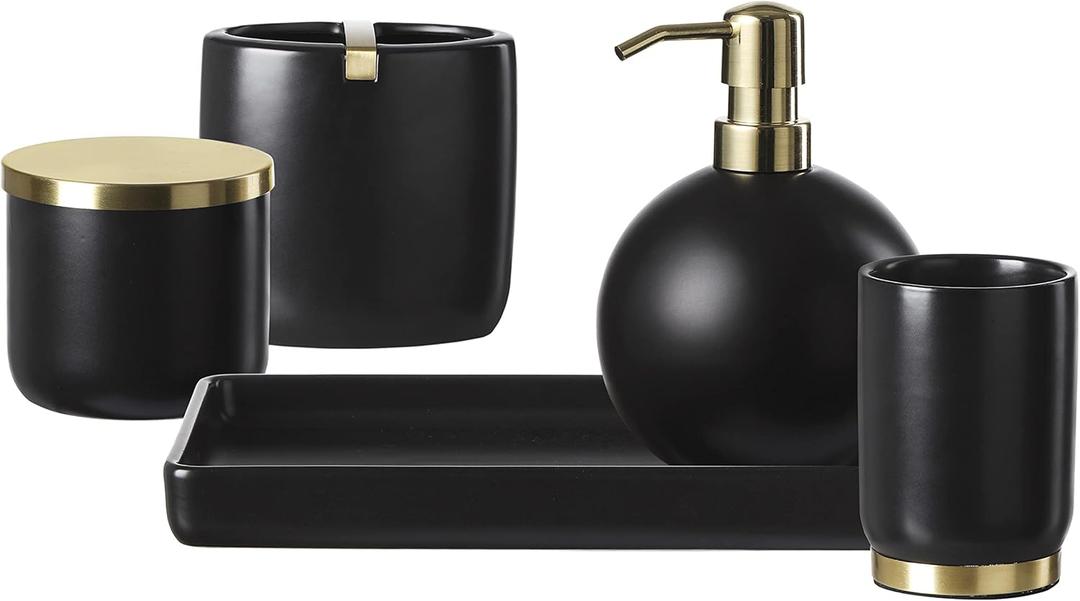Bathroom Accessories Set, 5-Piece Ceramic Bath Accessory Complete Set with Lotion Dispenser/Soap Pump, Cotton Jar, Vanity Tray, Tumbler and Toothbrush Holder (Black and Gold)