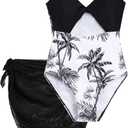 Girls One Piece Swimsuit with Cover Up Skirt Cut Out Bathing Suit Swimwear 8-15Y (10-11 Years, Black Floral)