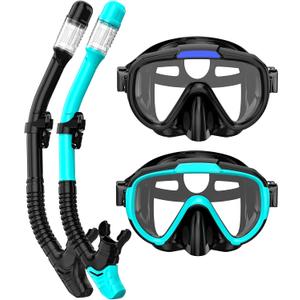 Snorkel Set Adults Snorkeling Gear Anti-Fog Panoramic View Swim Mask Dry Top Snorkel Kit with Carry Bag for Snorkeling Scuba Diving Swimming Travel (Z-Black/ Green Black)