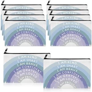 Chunful 10 Pieces Inspirational Canvas Makeup Bags for Women Graduation Gift Rainbow Canvas Cosmetic Bags Bulk with Zipper Friendship Gift Travel Toiletry Pouch(Blue Rainbow)