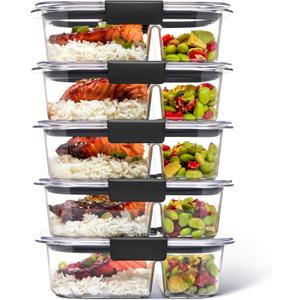 Rubbermaid Brilliance Meal Prep Containers, 2-Compartment Food Storage Containers, 2.85 Cup, 5-Pack, BPA-Free, Clear/Grey