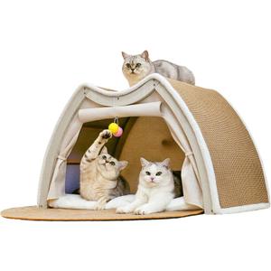 Cat Houses for Indoor Cats - 4 Seasons Cat Bed Cave with Natural Sisal Cat Scratcher Mat, Solid Wood Frame Cat House with Curtains and Cat Floor Scratching Pad Rug, Protect Couch and Carpets, M
