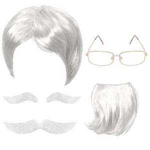 Old Man Wig And Mustache Set Old Man Costume Kit Grandpa Costume Accessories Grey Wig Fake Beard Eyebrows Glasses for Men Adults Teens for Halloween (white)