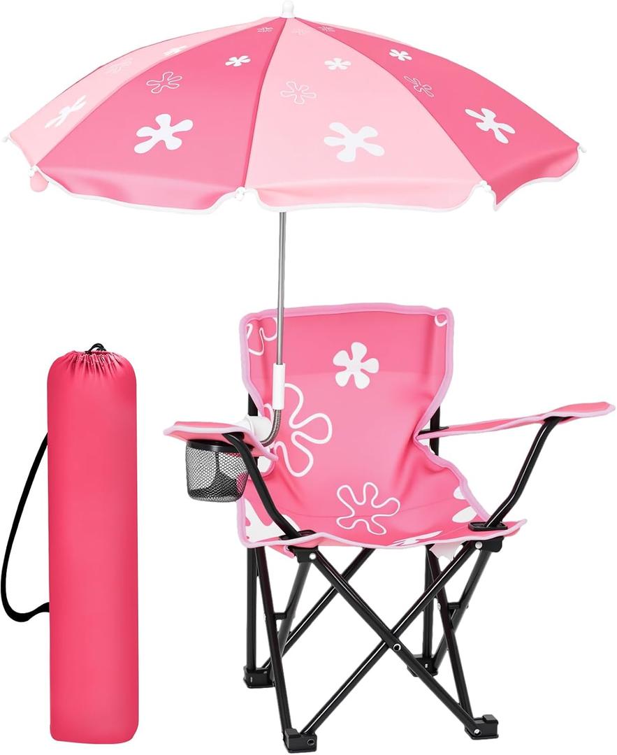 Outdoor Toddler Camping Chair with Umbrella Foldable Beach Chairs with Safety Lock for Kids Waterproof Lawn Kids Folding Chair for Outside Beach Travel(Flower)