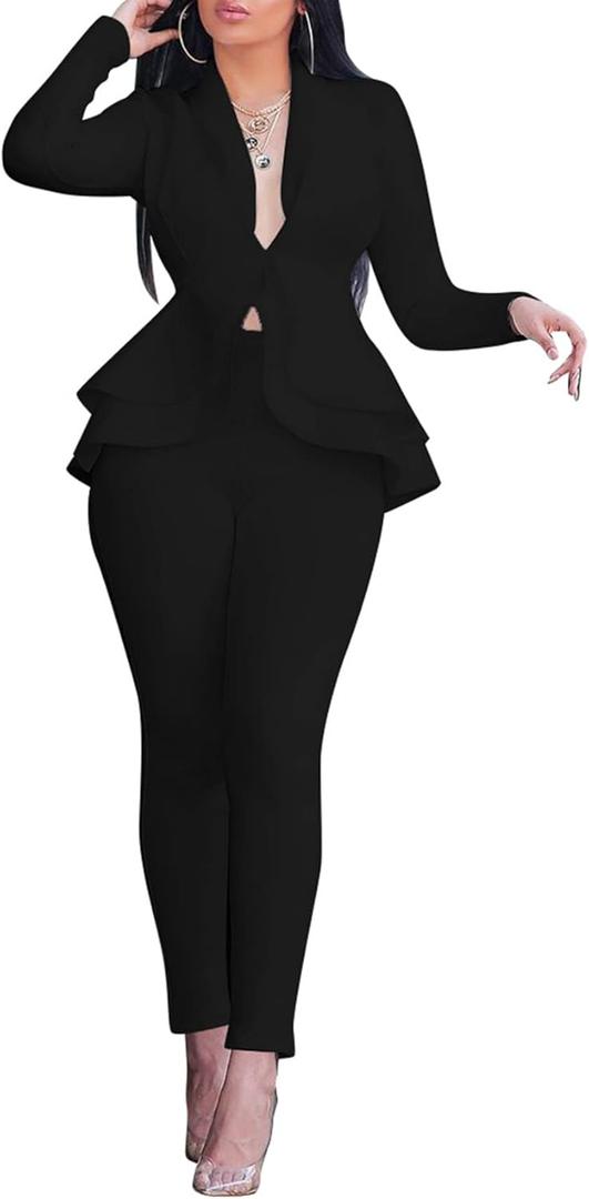 Salimdy Sexy 2 Piece Outfits for Women Long Sleeve Solid Blazer with Pants Casual Elegant Business Suit Sets, Black 