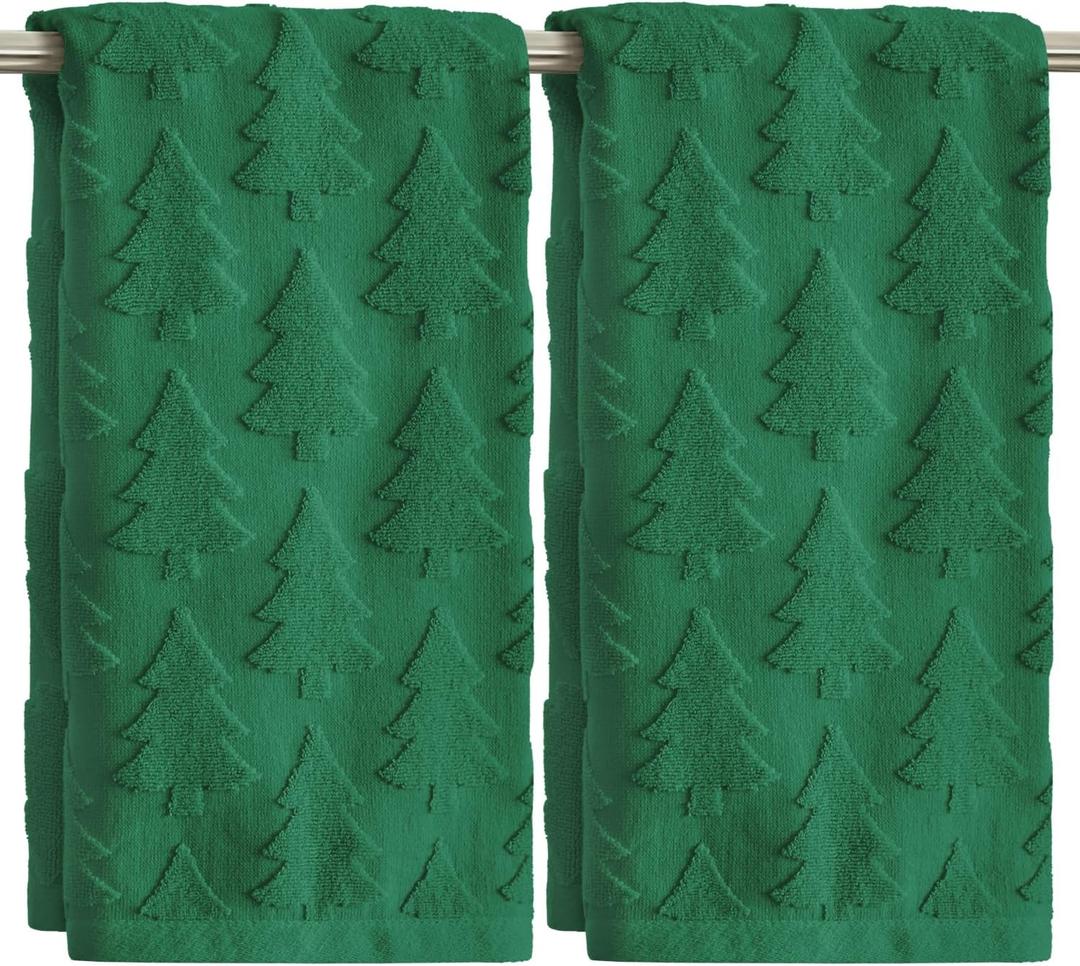 Artoid Mode 2 Pcs Green 3D Xmas Tree Jacquard Christmas Hand Towels for Bathroom, 100% Cotton Soft Absorbent Bathroom Decor Towels, 13.7 x 29.5 Inch
