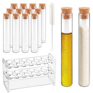 12pcs 60ml Glass Test Tube with Cork Stopper, 25x180mm Storage Tube with Cap, 12 Holes Acrylic Rack, Plant Propagation Vase, Tube Set for Scientific Experiments Lab Candy Liquid Party Decor