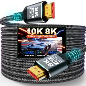 8K Long HDMI 2.1 Cable 20FT, Gold-Plated Ultra High Speed Military Grade Nylon Braided HDMI Cord (8K@60Hz 7680x4320, 4K@120Hz) Supports Dynamic HDR 10 eARC 3D Dolby Atmos, Compatible with Roku/TV/PS5