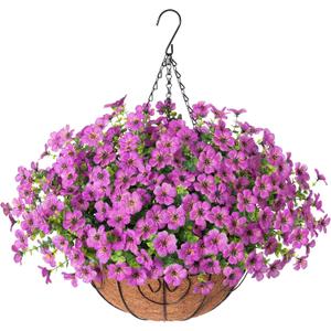 Artificial Fake Hanging Plants Flowers Basket for Outdoor Outside Porch Spring Decoration, Faux Silk Purple Daisy Realistic UV Resistant in Planter for Home Patio Balcony Garden Yard
