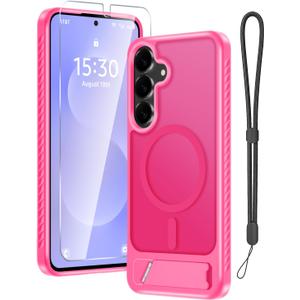 Samsung Galaxy S25 FE Case with Screen Protector+Lanyard Wrist Strap,Magnetic Translucent Matte Rugged Slim Phone Cover Built in Invisible Kickstand [Fit for MagSafe],2025 Hot Pink