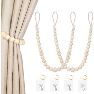 Wood Bead Curtain Tiebacks, KLOGTSIND Set of 2 Curtain Holdbacks for Thin or Thick Window Draperies, Boho Farmhouse Curtain Tiebacks with Hooks, Curtain Tie Backs for Home Office Room Decor