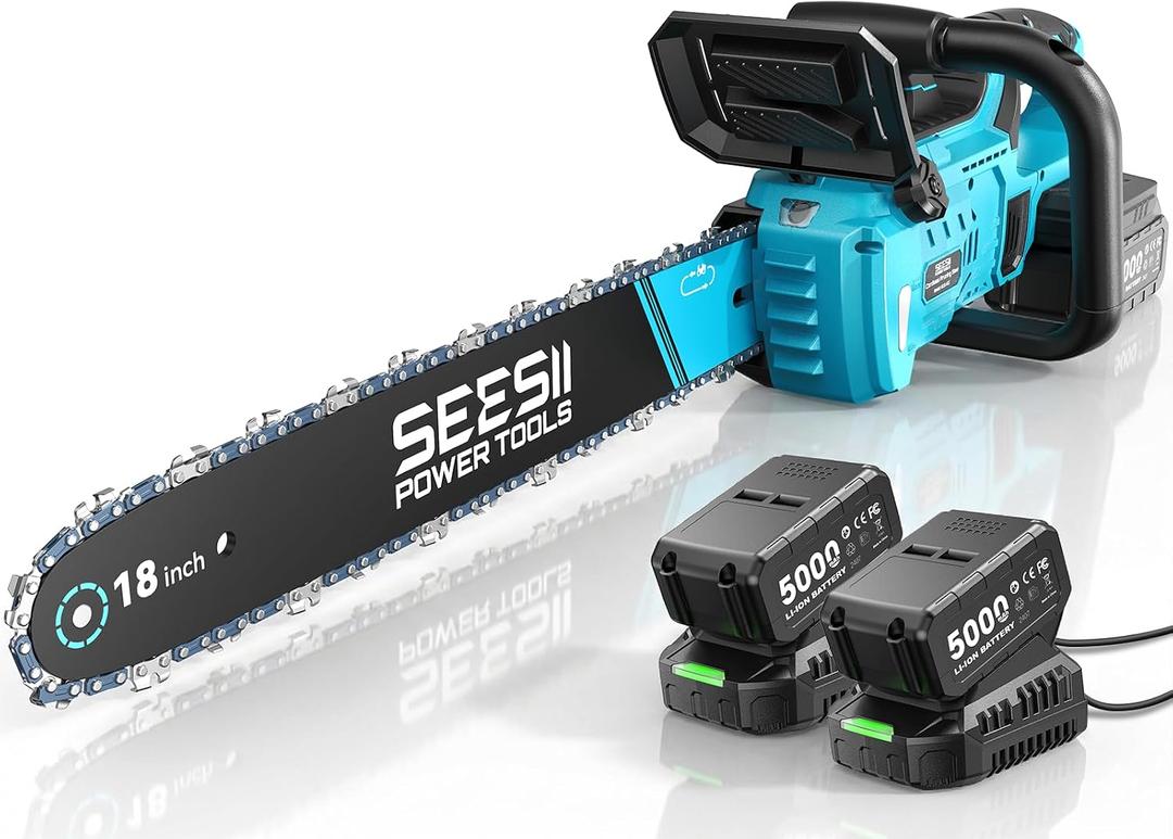 SEESII 40V 18-Inch Electric Chainsaw: Cordless Chainsaw with 2 x 5.0Ah Batteries & Fast Chargers, 2200W Brushless Battery Powered Chain Saw, Auto-Oiling Electric Saw for Tree Felling and Wood Cutting