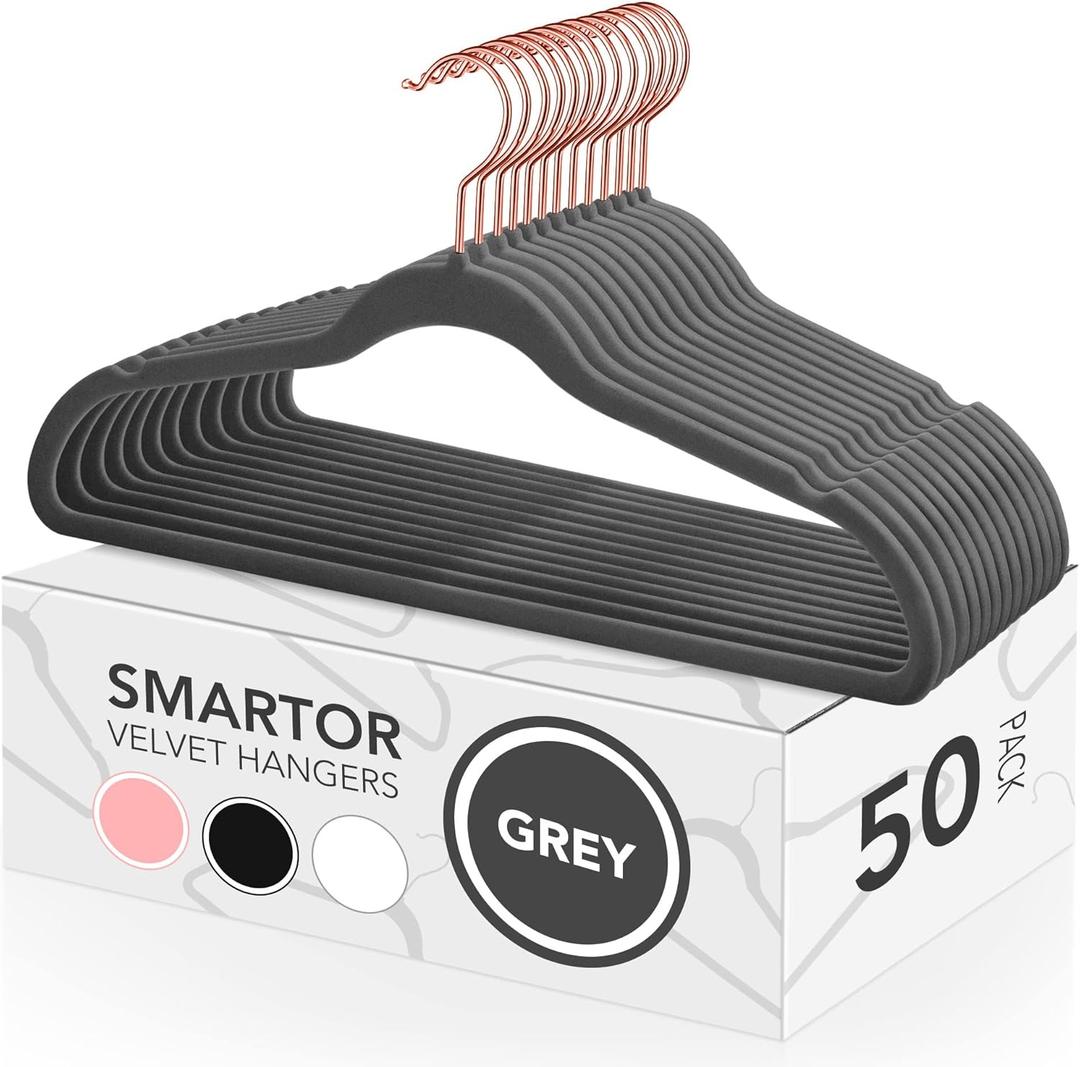 Smartor Grey Velvet Hangers 50 Pack, Non Slip Clothes Felt Hanger Heavy Duty for Coat, 360 Rotating Rose Glod Hook, Premium Slim Space Saving Hangers for Closet Organizer and Storage (Gray)