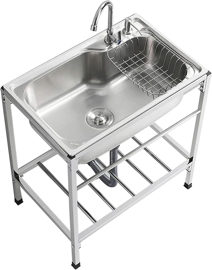 Outdoor Garden Sink Single Trough For Washing, Small Stainless Steel Utility Kitchen Hand Basin Station Sink Tub with Storage Shelve and Faucet, for Restaurant, Bar, Laundry, Garage, Backyard(60*45*80 (60*45*80cm/23.6*17.7*31.4in)