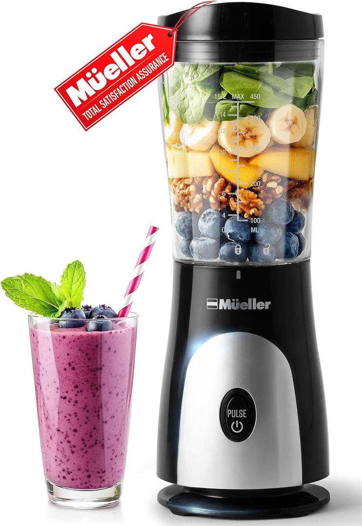 Mueller Smoothie Blender for Smoothies - Personal Blender for Shakes, Frozen Drinks, Baby Food & More, 15oz Travel Cup and Lid, Durable Stainless Steel Blades for Powerful Blending Performance, Black