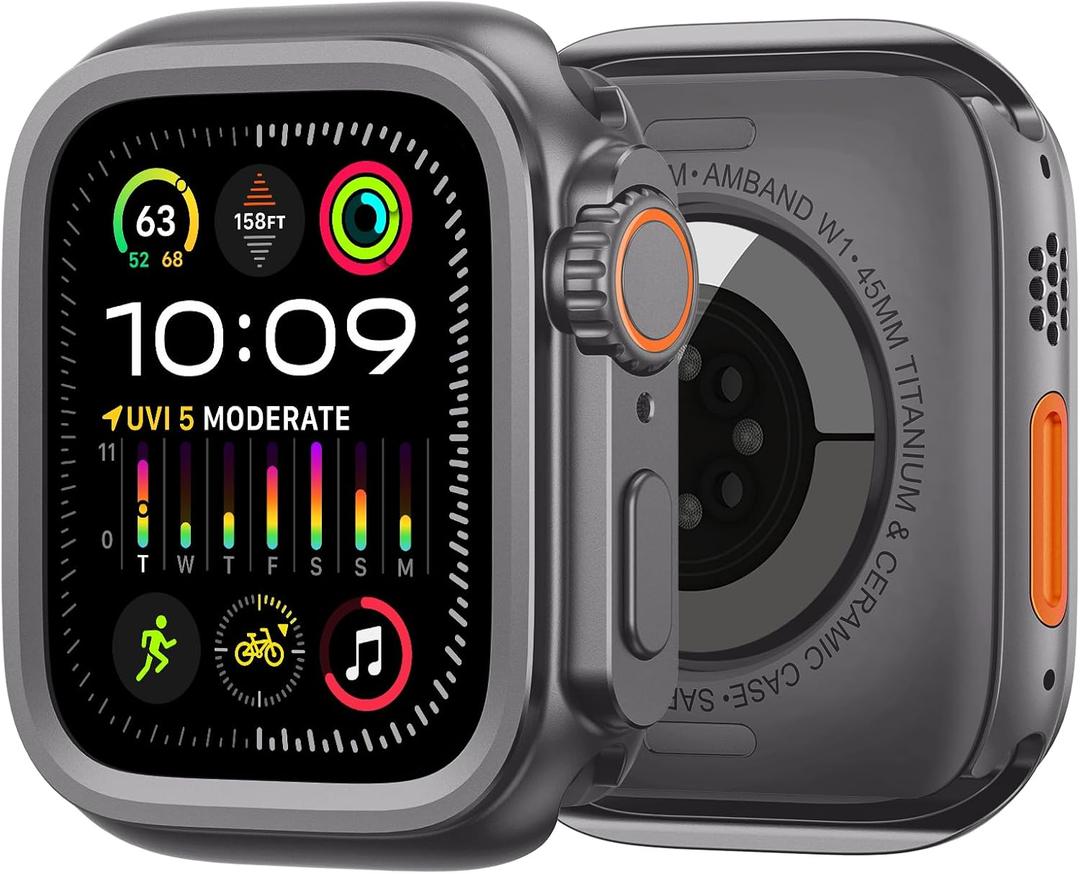 amBand 3 in 1 Metal Case Compatible with Apple Watch Series 9/8/7 45mm, W1 Protector Rugged Bumper with Watch Crown + Back Cover, Space Gray
