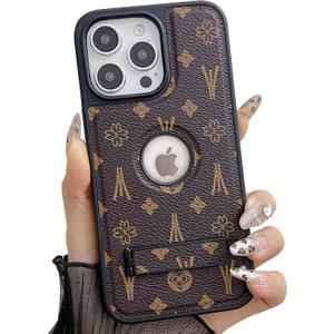 Compatible with iPhone 15 Pro Max Case Designer for Women Girls Luxury Leather Case with Invisible Stand Shockproof Protective Phone Cover for 15 Pro Max - 6.7(Brown)