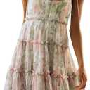 Mansy Womens 2025 Summer Floral Mini Dress Boho Flowy Skater Dresses Short Sleeveless Ruffle Spaghetti Strap Dress (Medium, Pink Green)