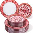 Hioasis 60pcs Red Plastic Plates Set - Floral Red & White Porcelain Design, 10.25" Dinner & 7.5" Dessert Plates Disposable for Christmas (Dishwasher Safe, Art Style)