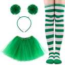 BAOPLAYKIDS 3 Piece Tulle Tutu Costume Set Green and White Striped Socks Knee High, 3 Layered Tulle Tutu Skirt Green, Pom Pom Headband, St Patricks Day Accessories for Women (Adult)