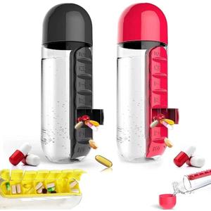 Daily Pill Box Organizer with Water Bottle, 600ML 2 in 1 Daily Pill Box Water Bottle Travel Pill Organizer Drinking Cups Medicine Container Box, for Travel, Office, Outdoor (2 Pcs)