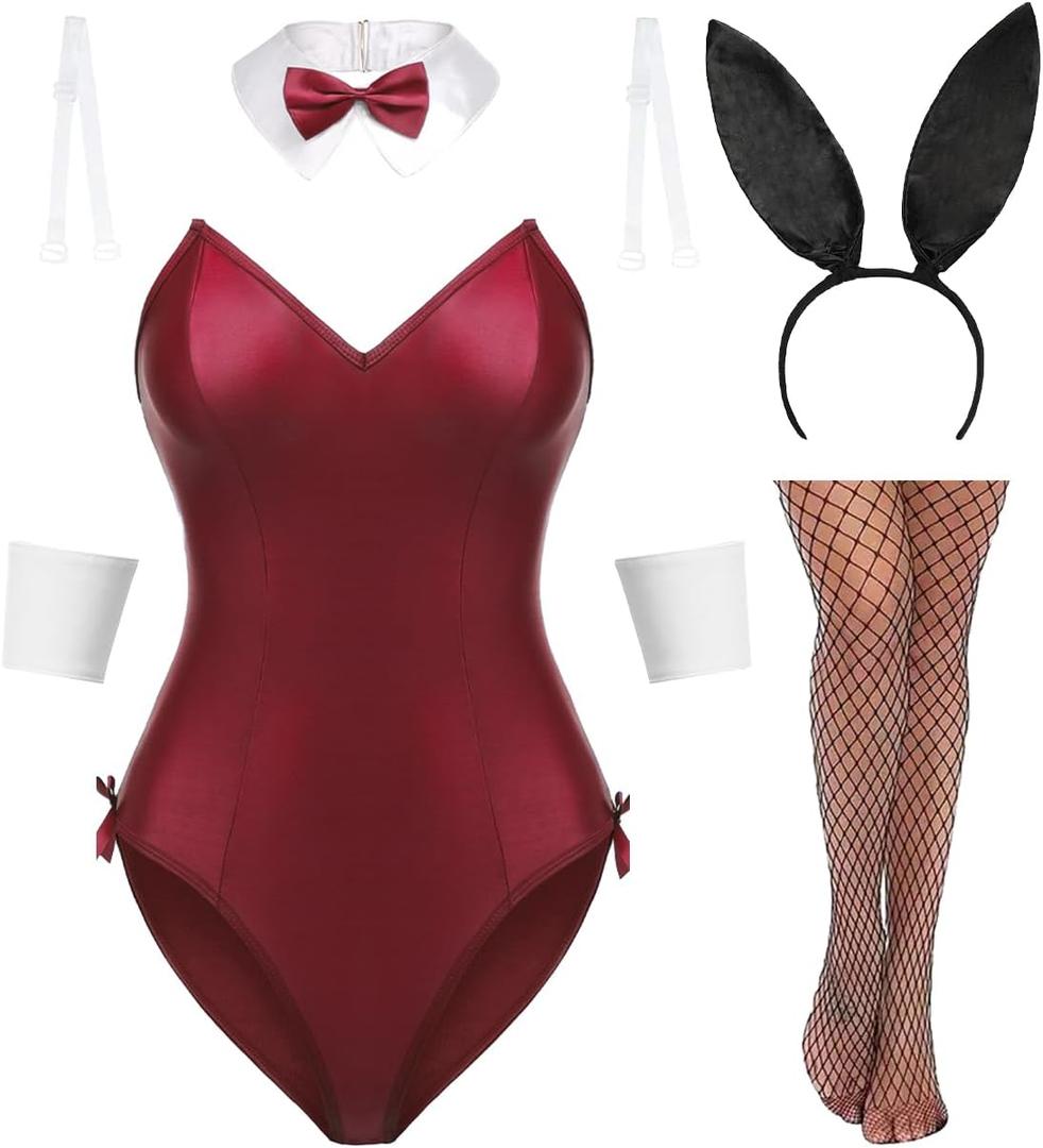 Avidlove Women Bunny Costume Lingerie Sets for Women Sexy Halloween One Piece Bodysuit Stockings Set 7-Piece Set (Wine Red, XL)