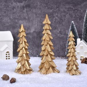 Christmas Tree Figurines Set of 3, Resin Tabletop Christmas Tree Decor, Elegant Xmas Tabletop Centerpieces for Tables Desk Shelf Mantel Holiday Indoor Decorations (Gold)