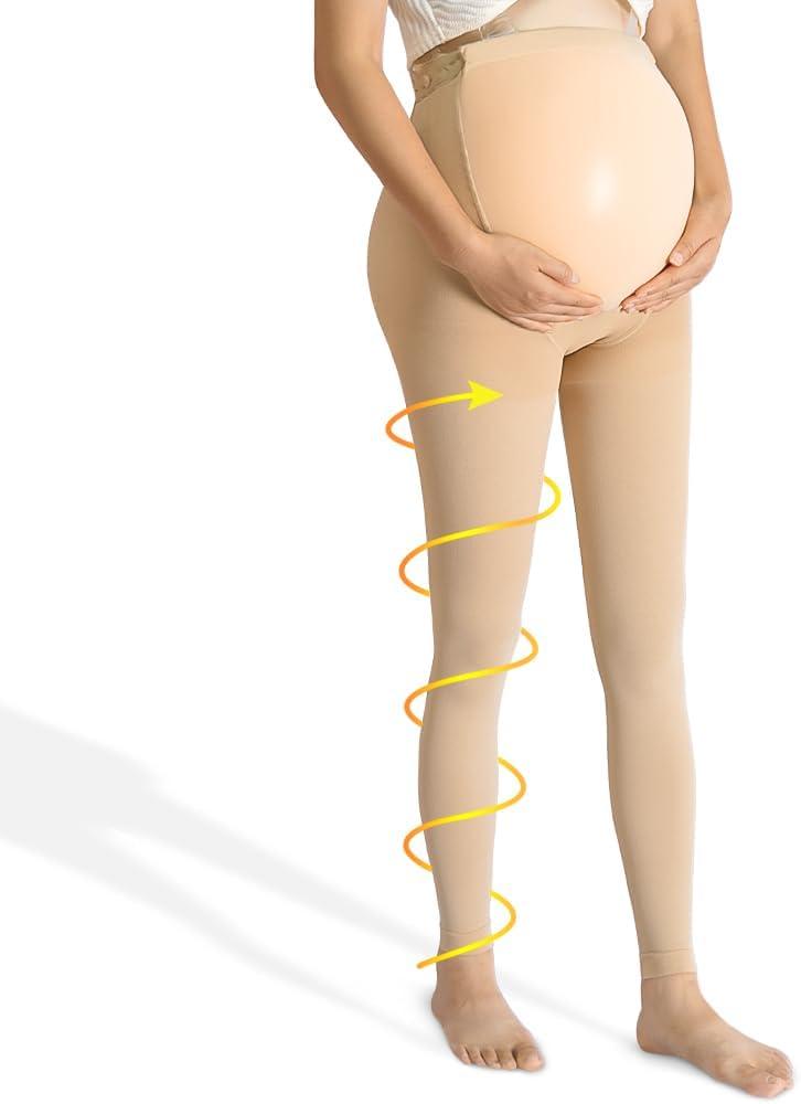 Beister Maternity Medical Compression Tights, 20-30mmHg Graduated Support Pregnancy Legging with Button Elastic Band & Abdominal Protection, Footless High Waist Compression Pantyhose for Varicosity (Extra Extra Large, Beige)