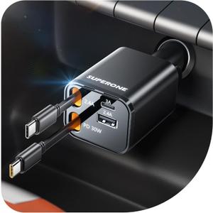 SUPERONE Retractable Car Charger, 69W Car Charger USB C Fast Charging with Dual Type C Cables, Car Accessories Charger Adapter Compatible with iPhone 17/16/15/14/13/12 Series, iPad, Galaxy, Pixel