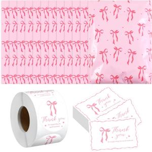 200 Pack 10x13 Pink Bow Poly Mailers Set Waterproof Self Adhesive Cute Shipping Bags with Thank Cards and Stickers Set for Small Business Large Mailing Envelopes Bulk Tear Resistant
