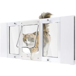 Aluminum Pet Door for Windows, Width Adjustable to Fit Window Width 24"-28", 10-Minute Cat Door Insert Window Installation, Cats Door for Window with Magnetic Suction Design and Weatherproof