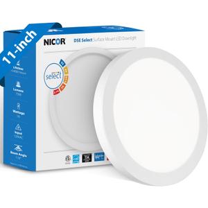 11 Round LED Surface Mount Ceiling Light - Dimmable Ceiling Light for Kitchen - Selectable CCT 2700K-5000K, 1523-1588 Lumens, 15.9W - DSE Edge-Lit Downlights for Ceiling, White by NICOR Lighting