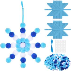 Realspring 24 Sets Christmas Snowflake Pom-poms Craft Kit Blue Winter DIY Frozen Pom Pom Ornament Craft Bulk Christmas Poms Decor for Xmas Home Activity Classroom Party