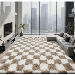 Large Shag Area Rug for Bedroom, 9x12 Ft Beige and White Area Rug Classic Checkered Shaggy Anti-Skid High Pile Soft Fluffy Rug Fuzzy Carpet for Living Room Bedroom Kids Room Nursery, Dorm Home Decor
