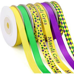 DECYOOL Mardi Gras Ribbon, 6 Rolls 60 Yards Mardi Gras Grosgrain Ribbons 10 mm Wide Green Purple Yellow Craft Ribbon for Gift Wrapping Carnival Party Home Decorations