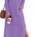 MISFAY Fall Dresses for Women 2026 Casual V Neck Long Sleeve Split Maxi Dress Loose Shirt Dress Solid Outfits with Pockets (M)