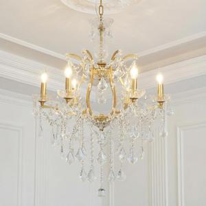 Vintage Gold Crystal Chandelier 6-Light Candle Style Pendant Light
K9 Crystal, Polished Golden Metal Frame, Pre-installation Chandelier Arms, Adjustable Chain, For Dining Room Entryway Bedroom