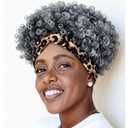Short Curly Wigs with Headbands Attached for Black Women Synthitic Kinky Curly Afro Puff No Drawstring Ponytail Wig Headwrap Hairstyles With 2 Clips(T1B/Grey) (Yellow Leopard Pattern)
