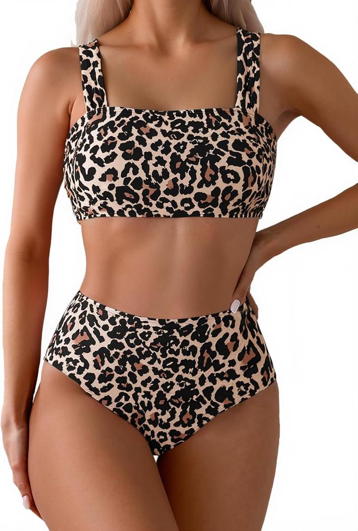 Fanuerg Women's High Waisted Bikini Sets Wide Straps Two Piece Swimsuit Floral Print Bathing Suits Small