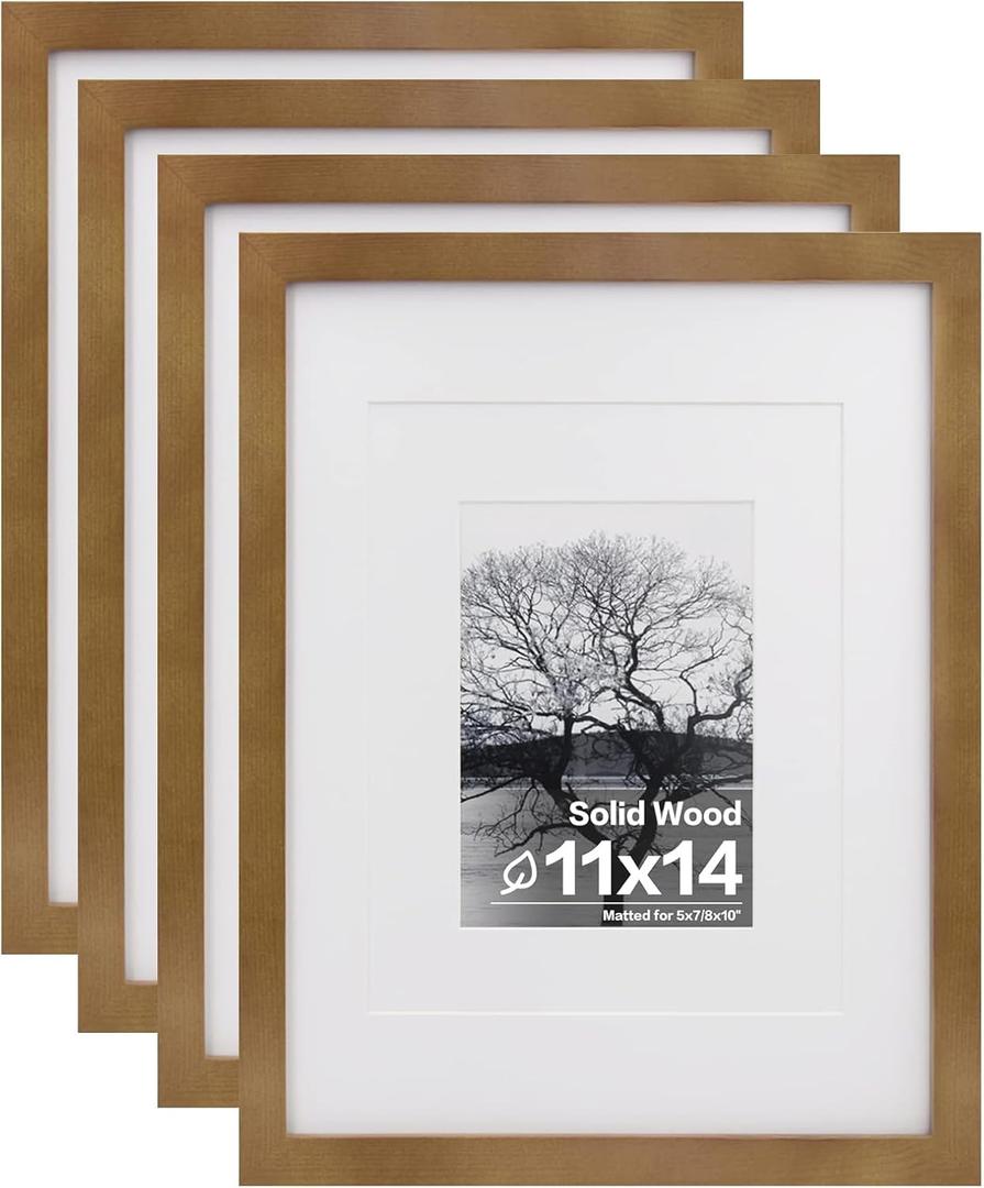 Egofine 11x14 Picture Frames 4 Pack Display Pictures 5x7/8x10 with Mat or 11x14 Without Mat Made of Solid Wood Covered by Plexiglass for Table Top Display and Wall Mounting Photo Frame, Light Brown