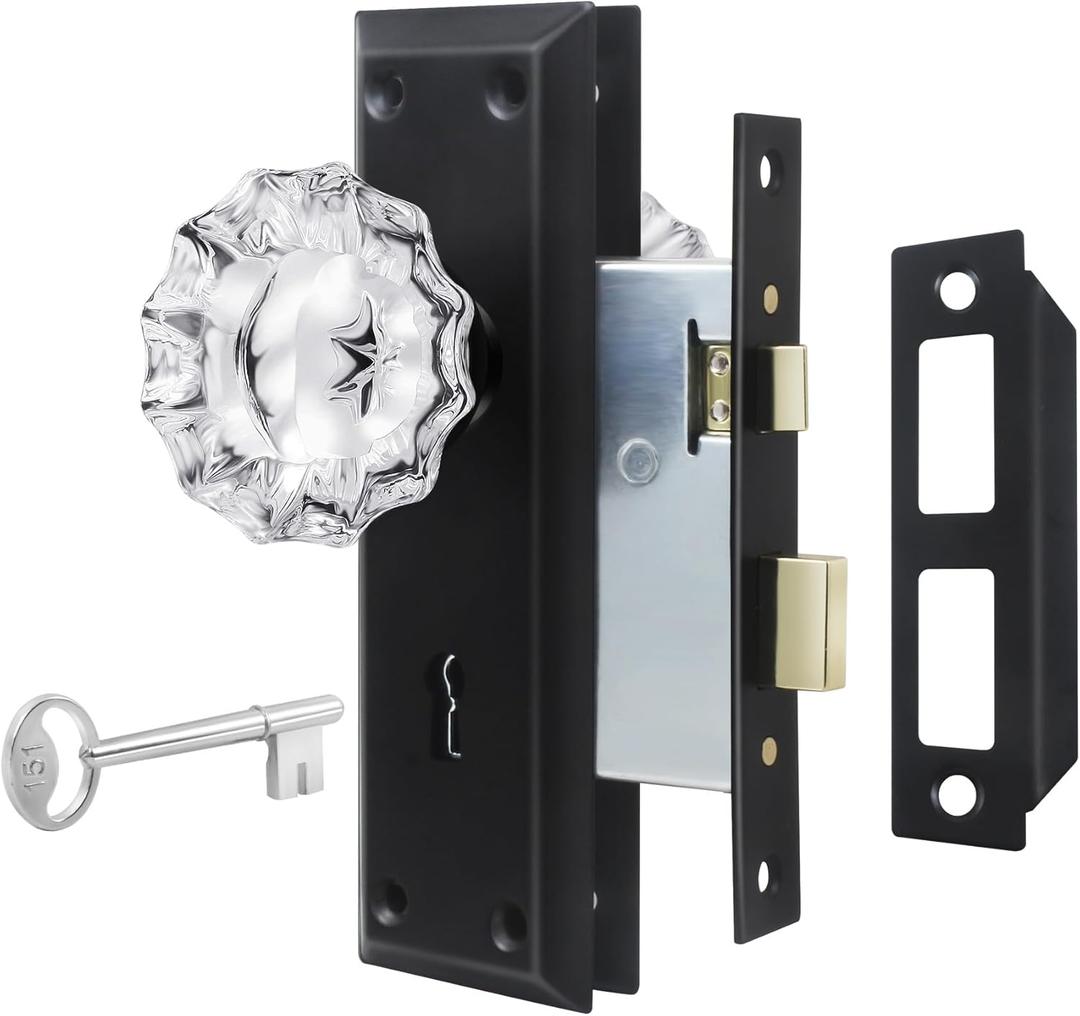 Upgraded Mortise Lock Set for Interior Door, Matte Black Vintage Style Crystal Glass Door Knobs with Lock and Skeleton Key, Old Style Door Knobs Reversible for Left & Right Handed Door (Interior Mortise)