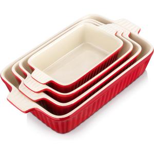 Bakeware Set of 4, MALACASA Porcelain Baking Pans Set for Oven, Casserole Dish, Ceramic Rectangular Baking Dish Lasagna Pans for Cooking Cake Pie Dinner Kitchen, Red (9.5"/11.25"/12.75"/14.5")