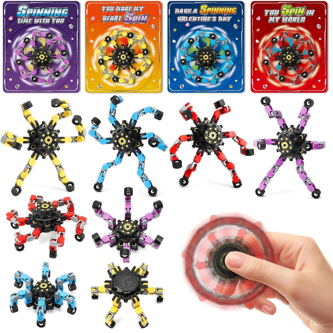 Valentines Day Cards for Kids School, 24 Pack Valentines Cards with Spinner Fidget Toys, Deformable DIY Robot Finger Toy Gifts for Kids Classroom Exchange, Valentines Party Favors Prizes for Kid