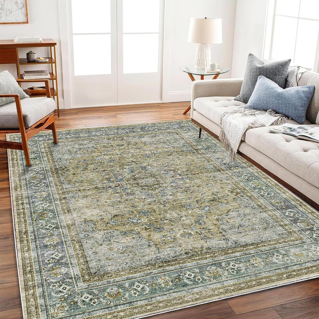 Area Rug 6'x9' Washable Vintage Traditional Floor Cover Thin Retro Kitchen Indoor Distressed Non Slip Carpet for Living Room Bedroom Dining Room (Aged Floral Green)