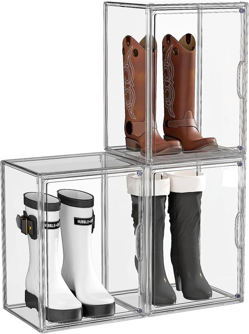 Boot Storage Organizer Tall Boots Boxes 3 Pack Clear Plastic Stackable Boot Organizers and Storage, Shoe Organizer Box, Shoe Bin Container, Acrylic Display Case for Entryway, Closet