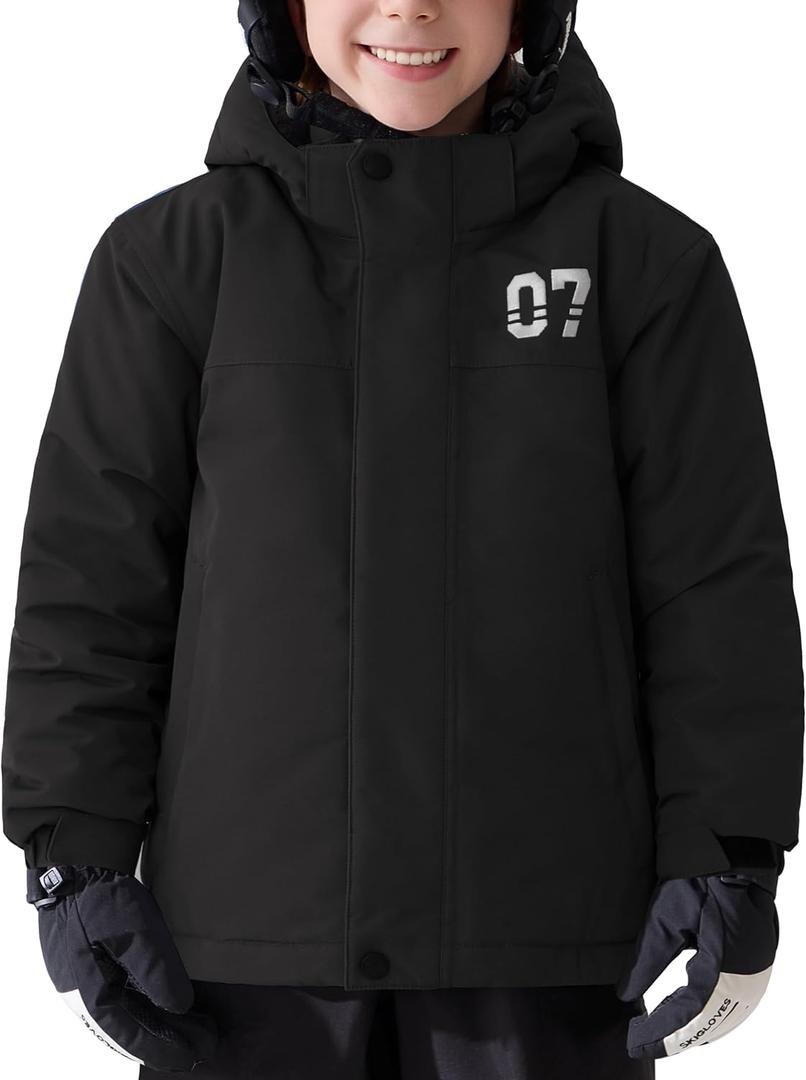 FREE SOLDIER Boys Girls Waterproof Ski Jacket Fleece Lined Warm Winter Snow Coat Kids Winter Jacket with Detachable Hood (Black)