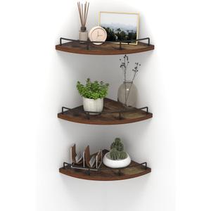 HORLIMER Floating Corner Shelf Wall Mount, Set of 3 Rustic Wood Corner Wall Shelves with Fence for Bedroom, Living Room, Bathroom, Kitchen, Brown (Fan-Shaped)