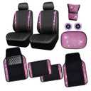 Bling Rhinestone Car Seat Covers Leather Shining Diamond Car Floor Mats Carpet with Anti-Slip Nibs Bling Diamonds Car Accessories Sets Pink Glitter Crystal Diamond Combo Set